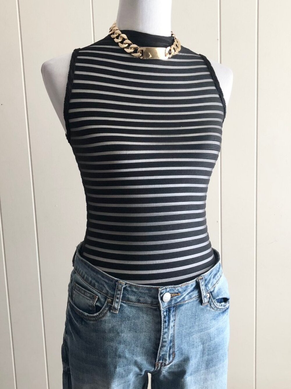 Retro Say Anything Black Mesh Stripe Bodysuit Juniors Size M